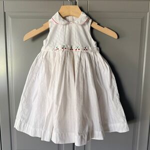 Anavini Girls Cherry Embroidered Peter Pan Collar A-Line Dress, White, 24M